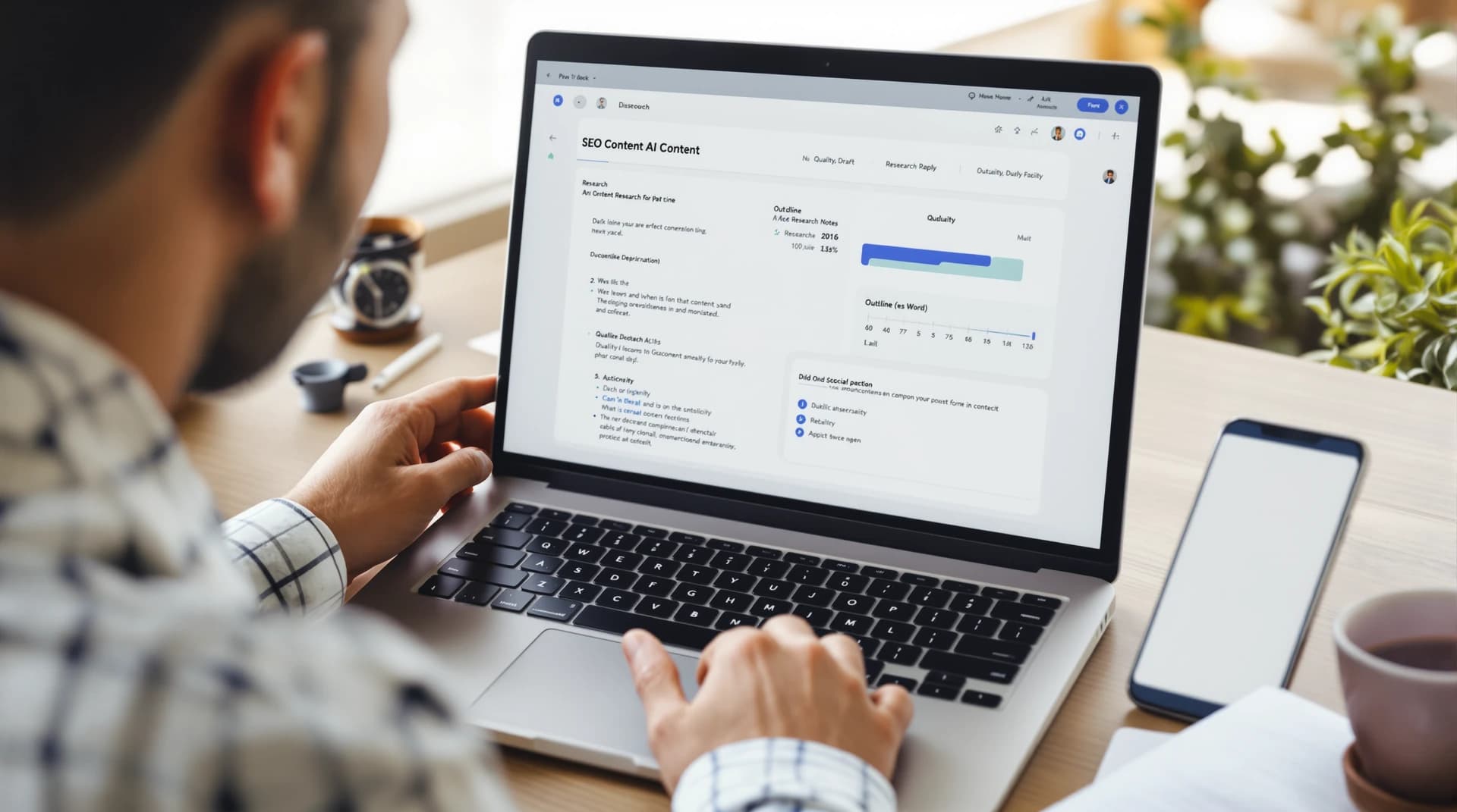 Strategist na biurku przegląda na laptopie wieloetapowy pipeline treści AI: research, outline i scoring jakości, obok telefon z pustym oknem czatu.