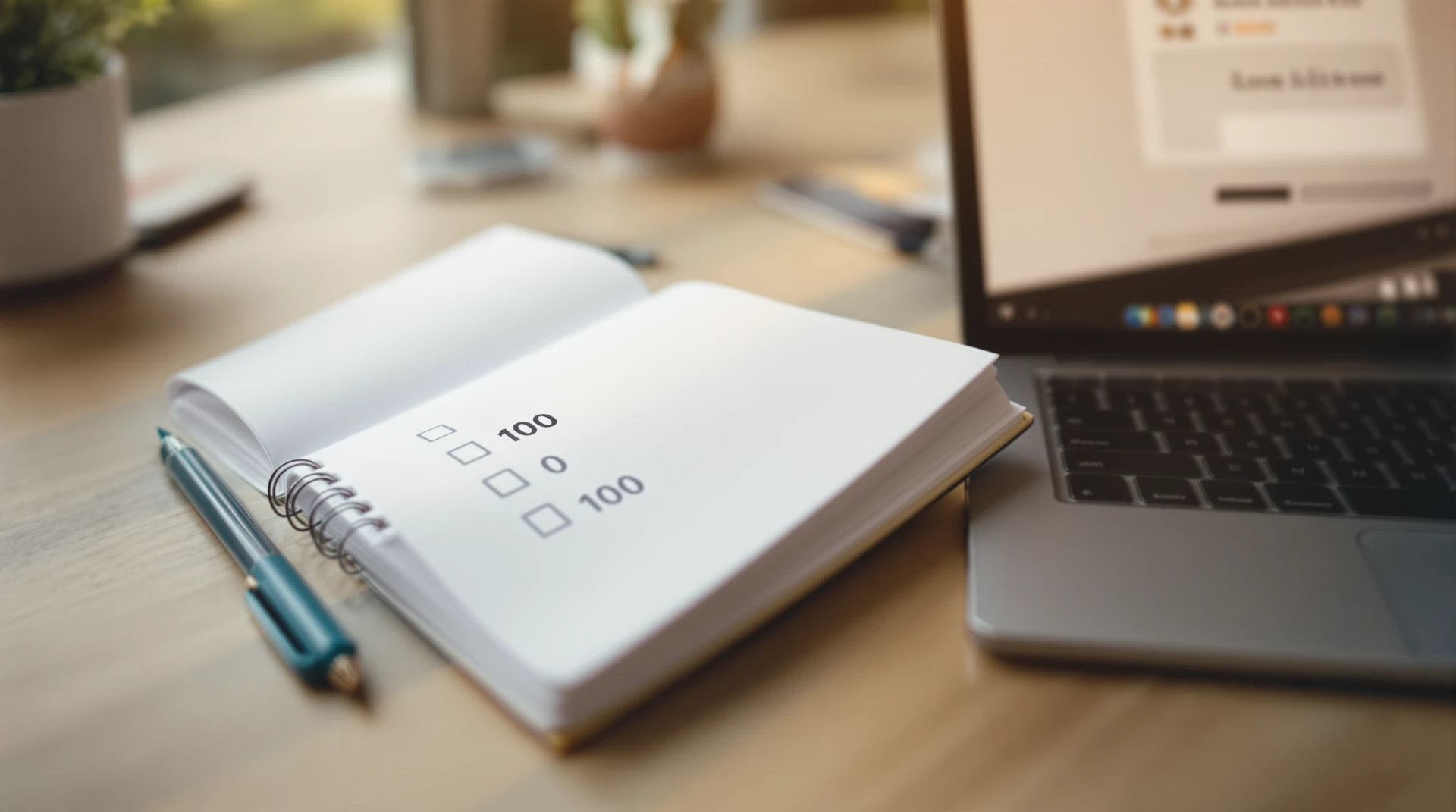 Minimalist desk scene: open notebook with five blank quality-check boxes and a blurred 0–100 slider, laptop with a vague pipeline icon.