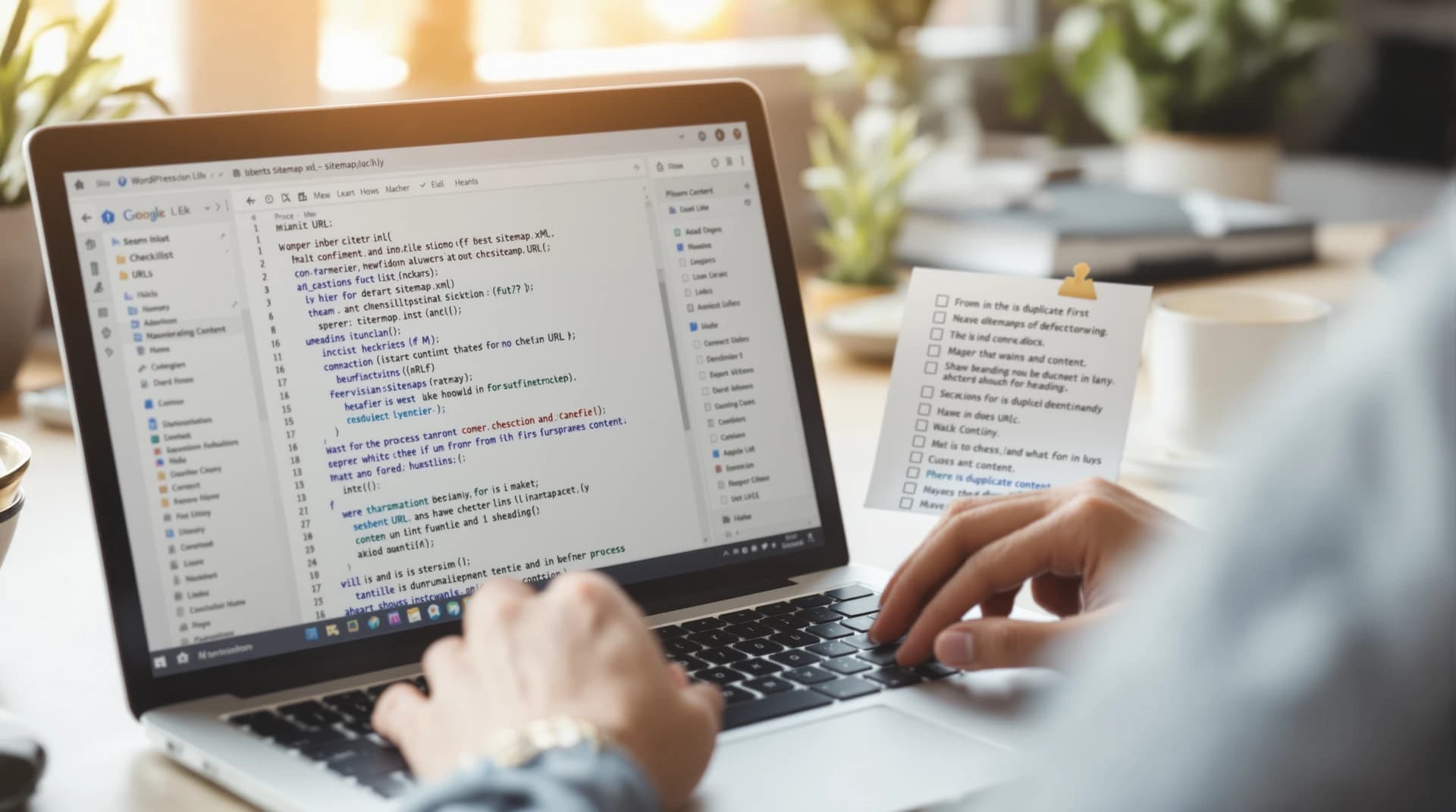 Dłonie porównują URL-e i nagłówki w edytorze WordPress oraz sitemap.xml na laptopie, proces antyduplikacji przed publikacją.
