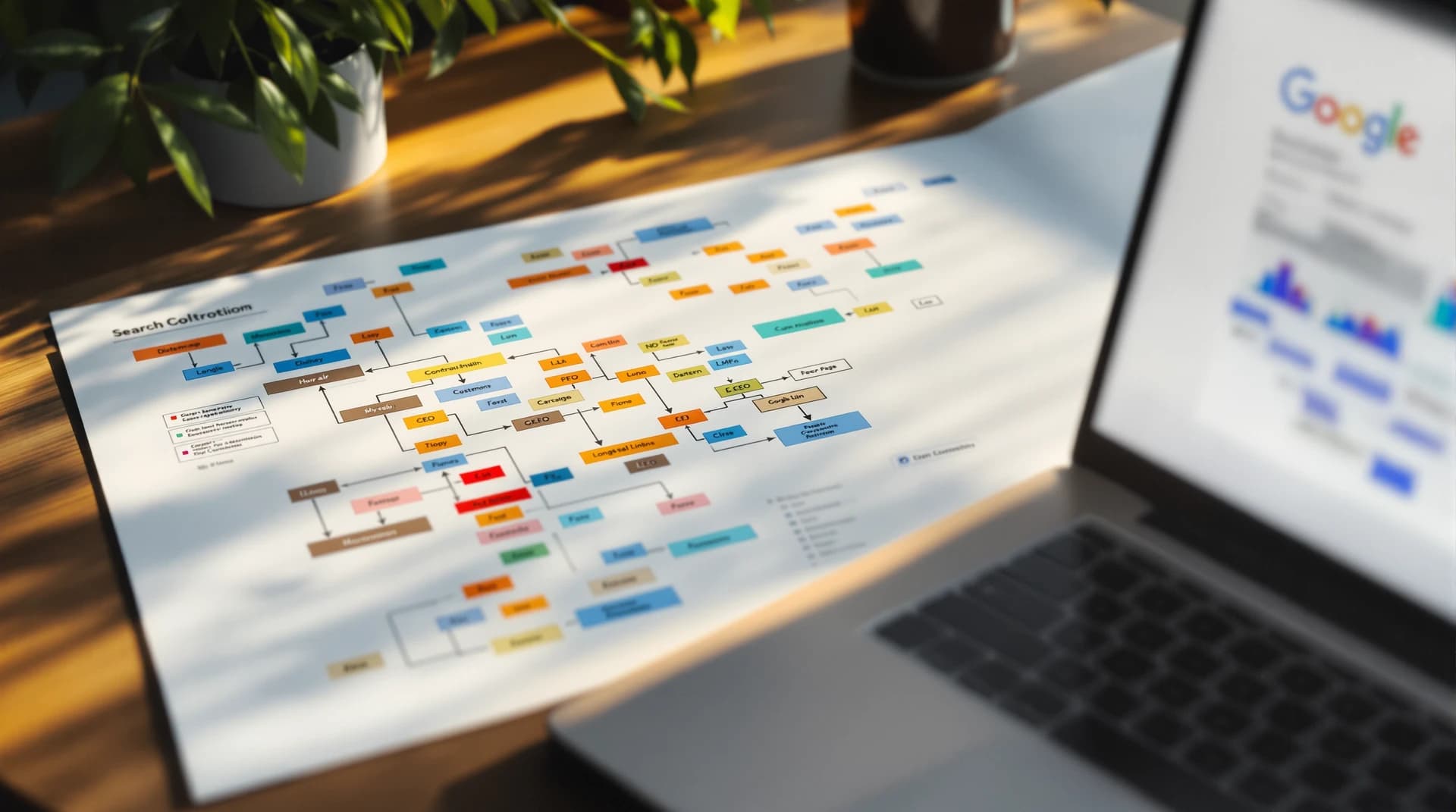 Ilustracja: kolorowa mapa połączeń stron long-tail na biurku obok laptopa z niewyraźnym panelem analitycznym, bez czytelnego tekstu