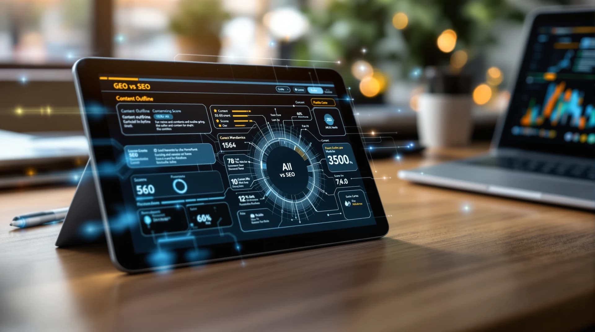 Tablet and laptop on a desk with an out-of-focus outline grid and score dial, showing an AI content pipeline concept for GEO vs SEO.