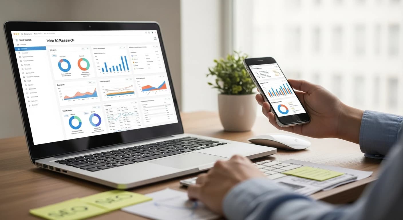 Laptop na biurku z widocznymi, ale nieczytelnymi wykresami i panelami; obok notatki SEO i dłoń z telefonem, klimat web research.