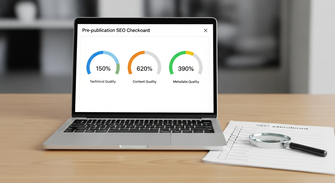 Zdjęcie z biurka: laptop z rozmytym ekranem, kluczyk i element samochodu obok checklisty, symbol kontroli SEO przed publikacją.