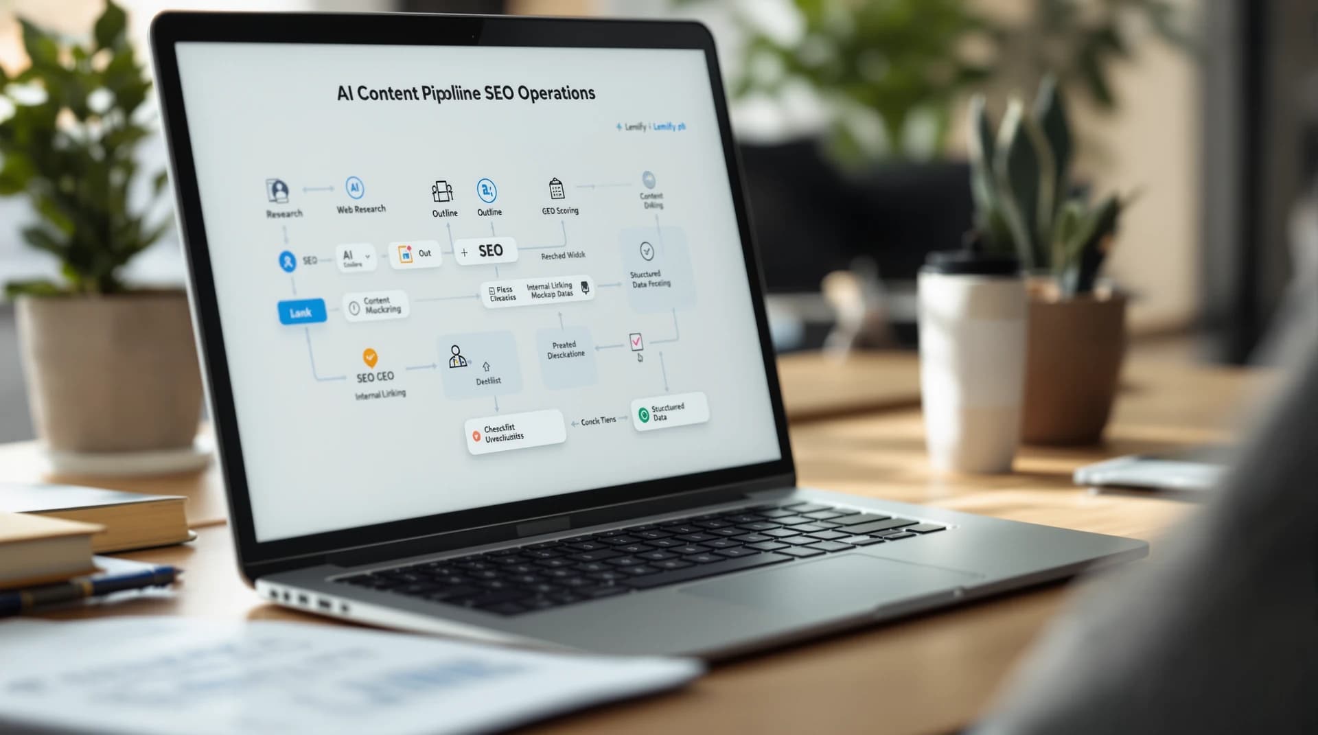 Laptop z rozmytym schematem pipeline AI, obok checklisty i makiet danych strukturalnych, pokazujących proces budowania wiarygodności treści.