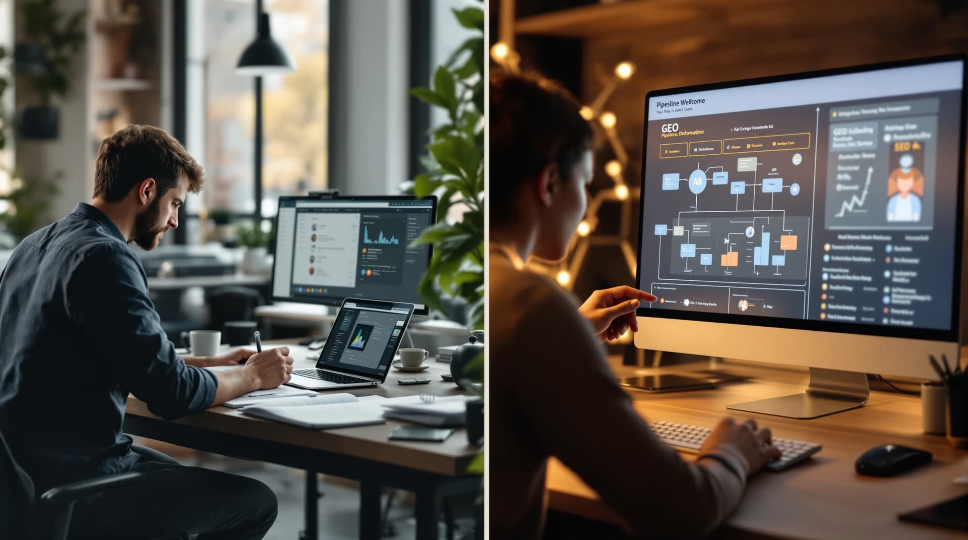 Podział na dwa ujęcia: copywriter przy laptopie i zespół agencji przy dashboardzie, wizualizacja pipeline SEO i GEO bez czytelnego tekstu.