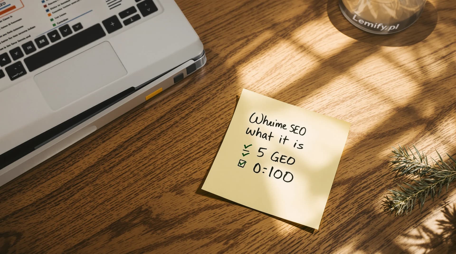 Zestaw na biurku: laptop z rozmytym outline, kartka z ideą krótkiej definicji „co to jest” i karta oceny 0–100.