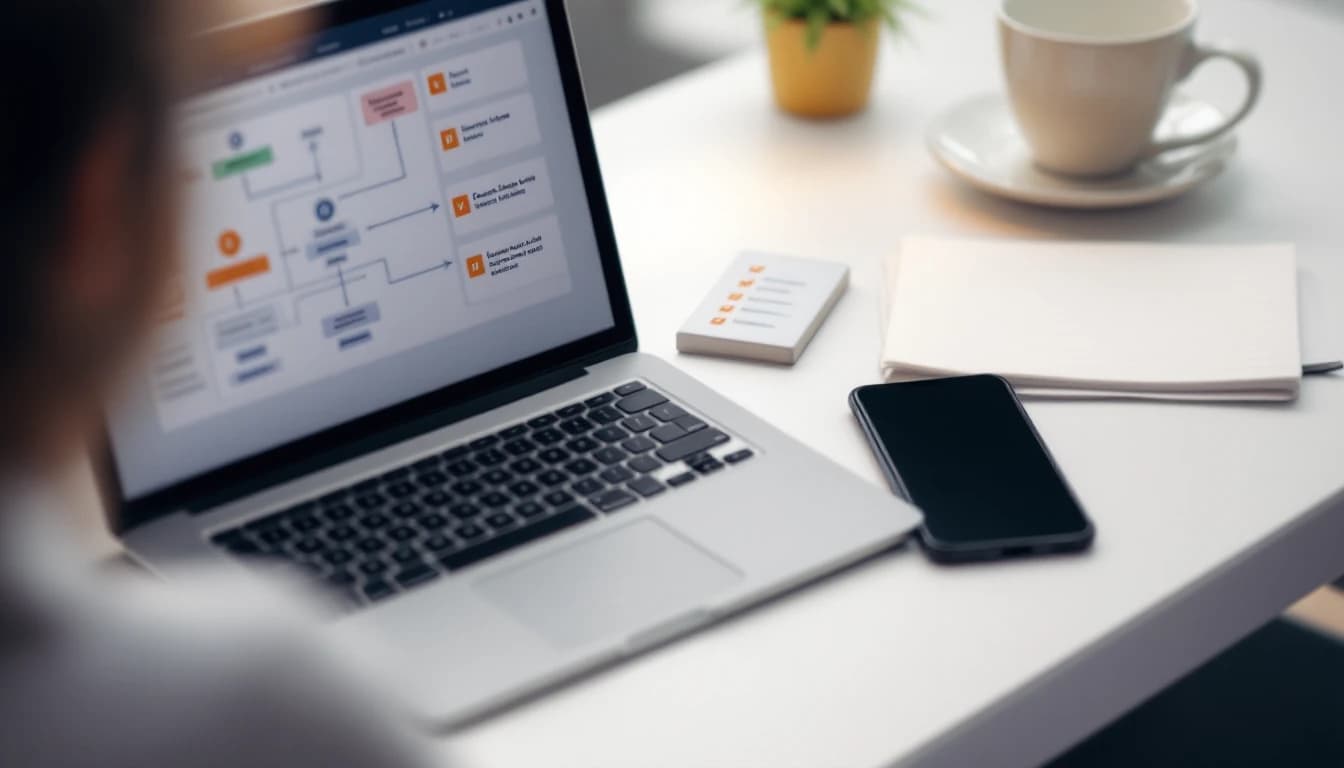 Zbliżenie na laptop z rozmytym schematem workflow, obok notatek badawczych i kartki z checklistą, smartfon i kubek kawy.