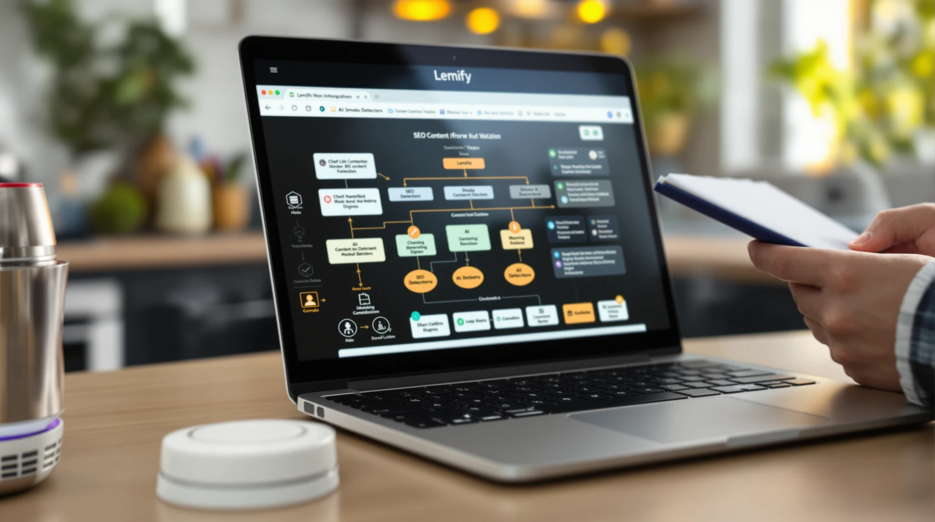 Smoke detector next to a laptop with an out-of-focus SEO workflow diagram, symbolizing AI detectors as warning signals, not verdicts.