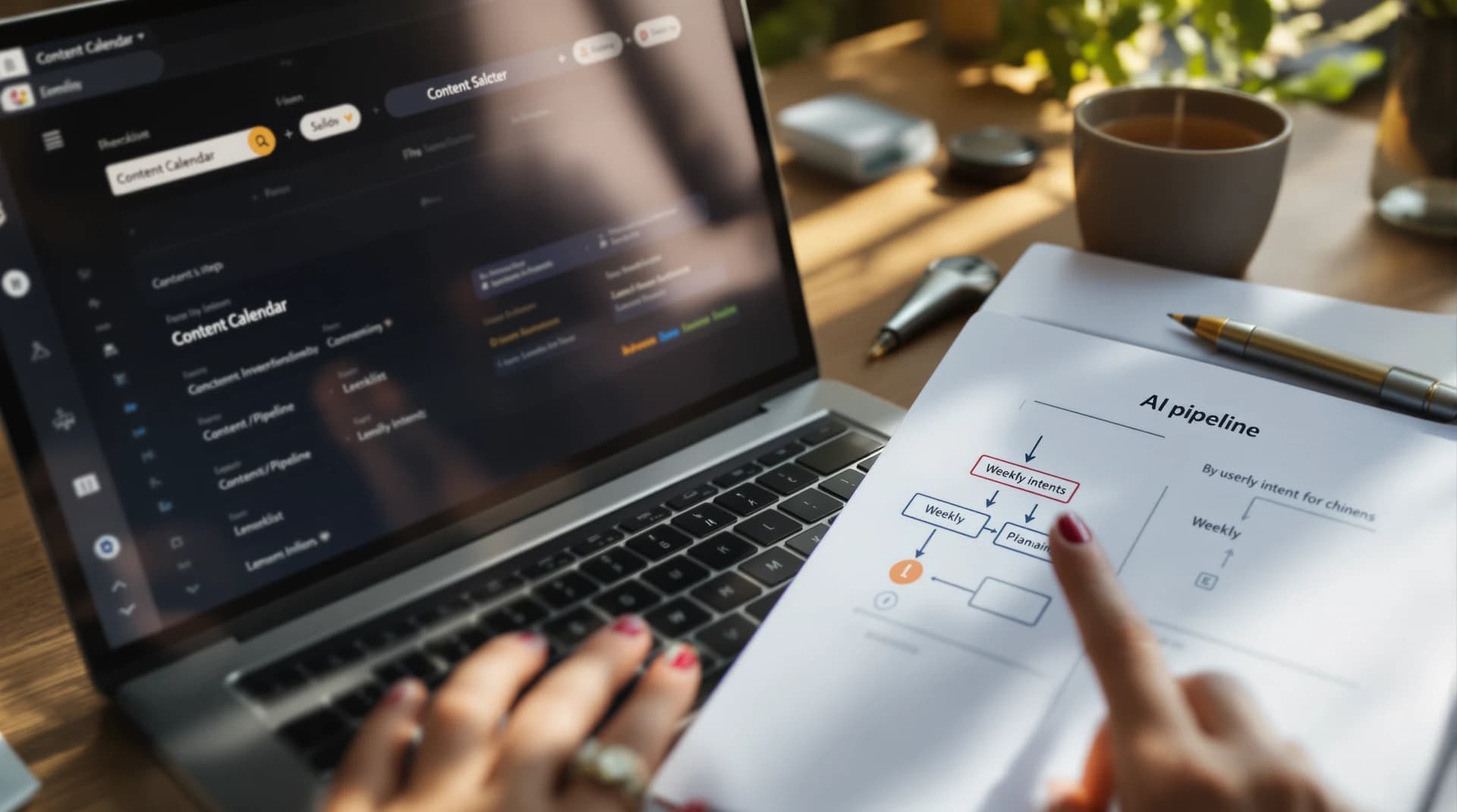 Pracownia SEO: laptop z rozmytym kalendarzem treści, checklistą i schematem pipeline AI do planowania publikacji zgodnie z intencją.