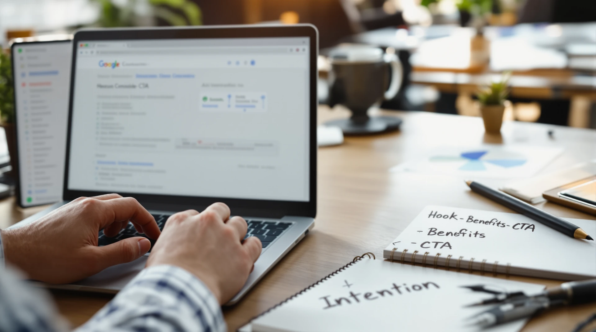 Hands typing meta description while a blurred Search Console dashboard and AI pipeline flow suggest CTR optimization and intent mapping.
