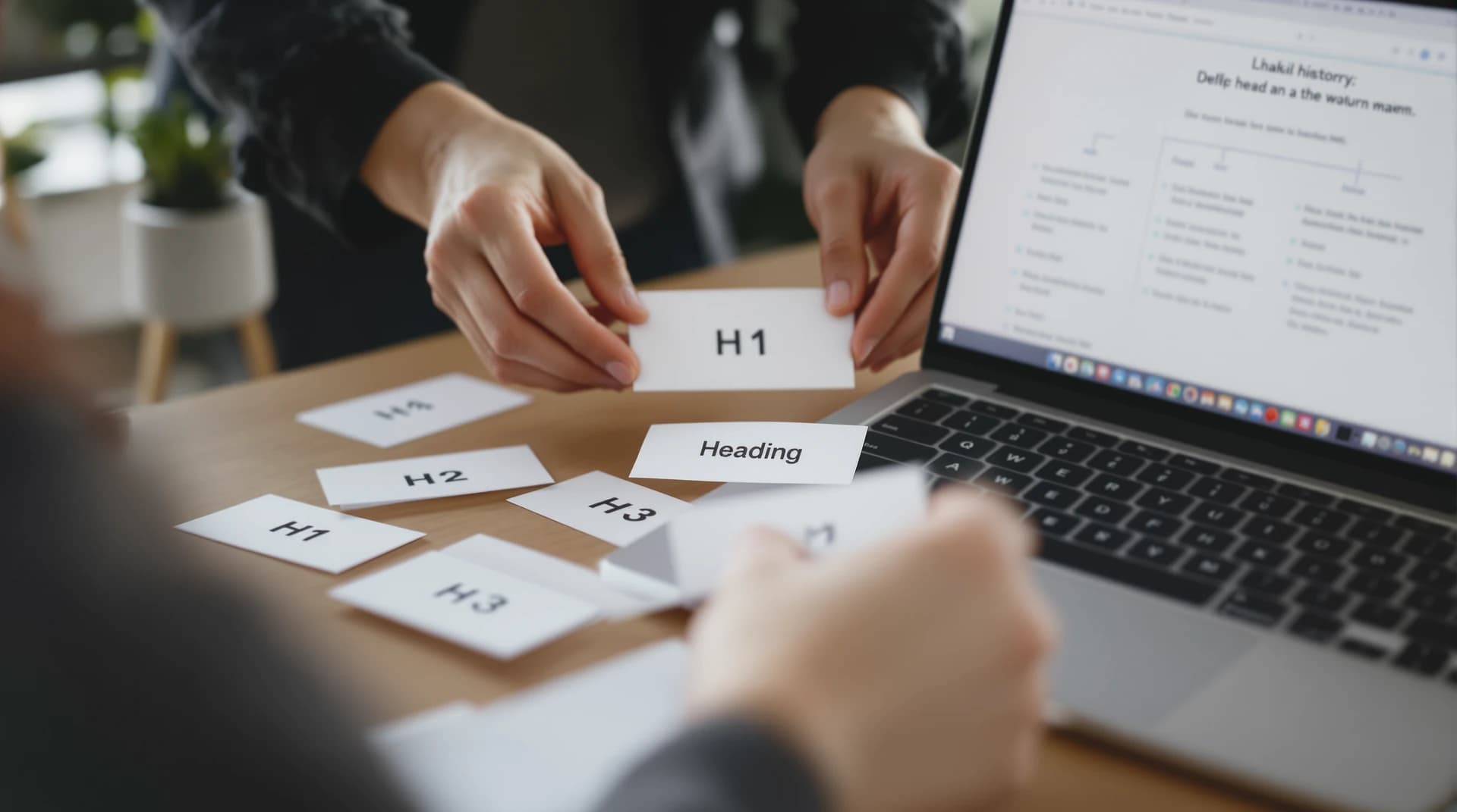Dłonie układają karty nagłówków H1–H2–H3 w hierarchii, obok laptop z rozmytym szkicem outline, klimat pracy nad SEO i AI.