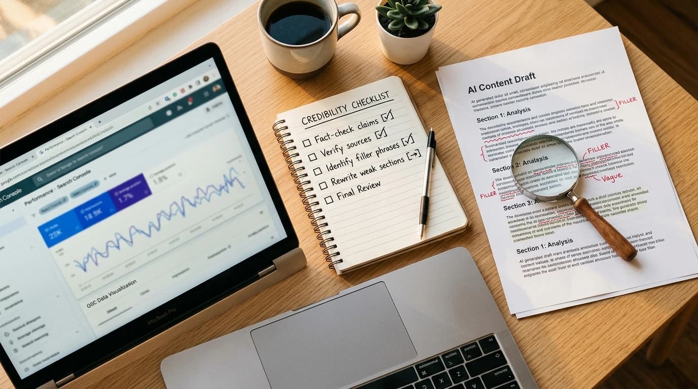 Top-down ułożenie: checklist, lupy nad szkicem AI z rozmytymi akapitami i laptop z nieczytelnym panelem Google Search Console.
