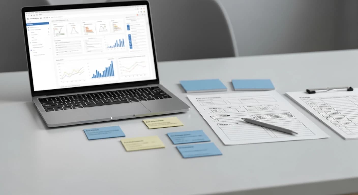 Laptop, notebook i checklisty na biurku, z rozmytym tłem badań sieciowych i kalendarzem, ilustrujące scoring pod cytowania AI.
