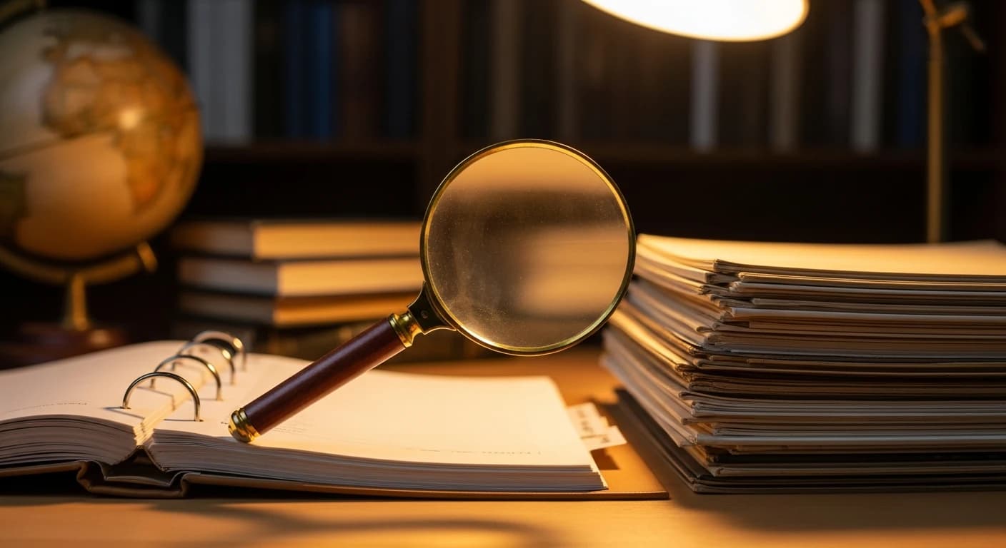 Otwarte segregatory-katalog i stos stron na biurku, z lupą nad kartkami, symbolizujące metadane bez uporządkowanej struktury.