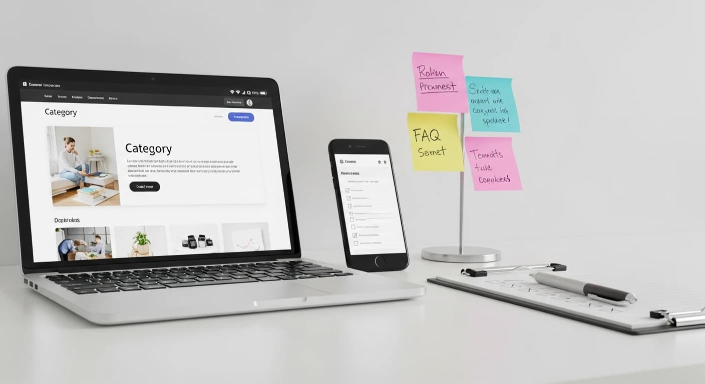 Smartfon i laptop obok karteczek i checklisty na biurku, z rozmytym widokiem sekcji FAQ na stronie kategorii.