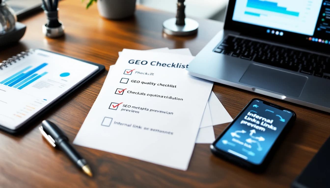 Zdjęcie biurka z kartą checklisty jakości GEO i zaznaczonymi polami, obok laptopa z rozmytym podglądem metadanych i linków.