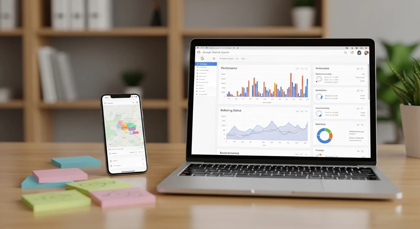 Laptop na biurku pokazuje wykresy i panele Google Search Console w nieostrym ujęciu, obok telefonu i karteczek, bez czytelnych napisów.