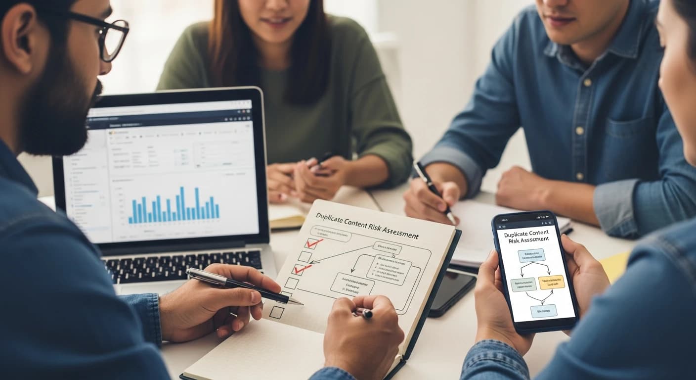 Zespół przy biurku analizuje pipeline kontroli treści: laptop z rozmytym dashboardem, notatnik z checklistą i telefon z diagramem.
