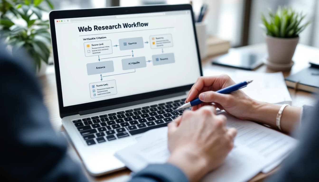 Laptop z widocznym diagramem pipeline’u web research i źródeł, obok notatki oraz długopis, bez czytelnych napisów.