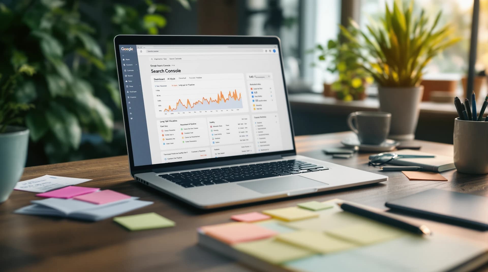 Laptop z widokiem panelu podobnego do Google Search Console, obok kartek i checklisty, wizualizacja planu naprawy widoczności long-tail w 14 dni.