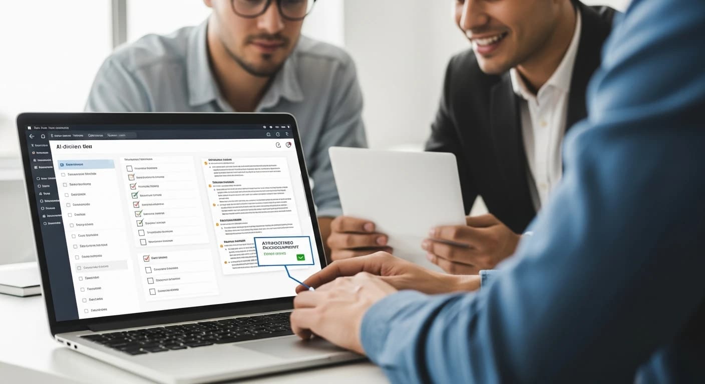 Zespół przegląda na laptopie AI workflow do SEO: widoczna struktura i checklisty, tekst na ekranie nieczytelny.