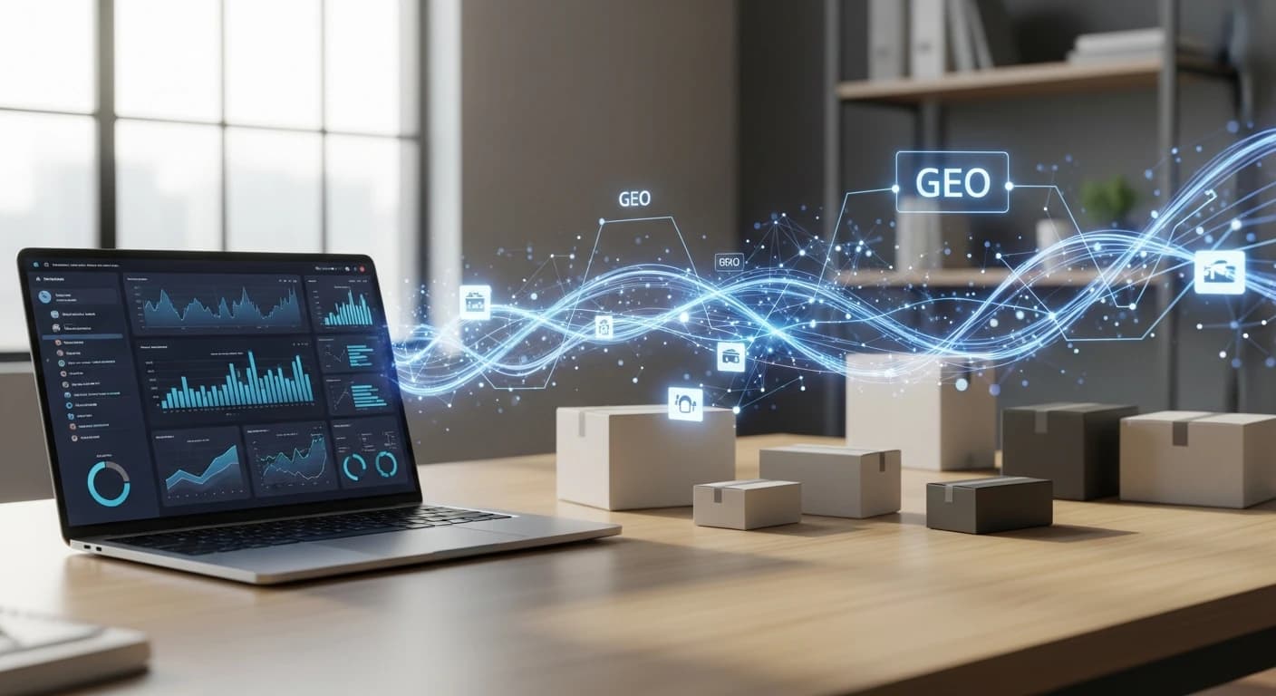 Nowoczesne biurko e-commerce z laptopem i wizualizacją połączeń danych, symbolizującą pipeline GEO.