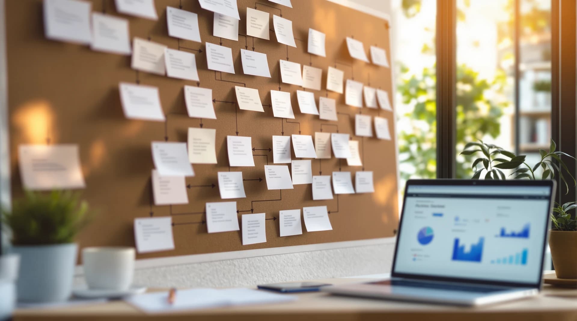 Blurred cards and arrows on an information architecture board, with a laptop showing out-of-focus AI SEO/GEO pipeline charts.