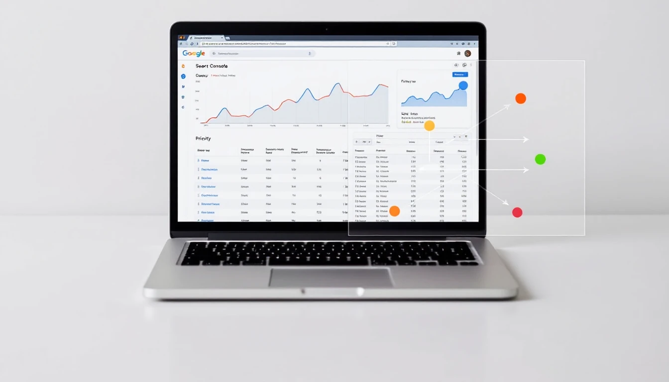 Laptop z widokiem wykresów skuteczności Google Search Console oraz arkuszem z wierszami zapytań i ikonami priorytetów, bez czytelnego tekstu.