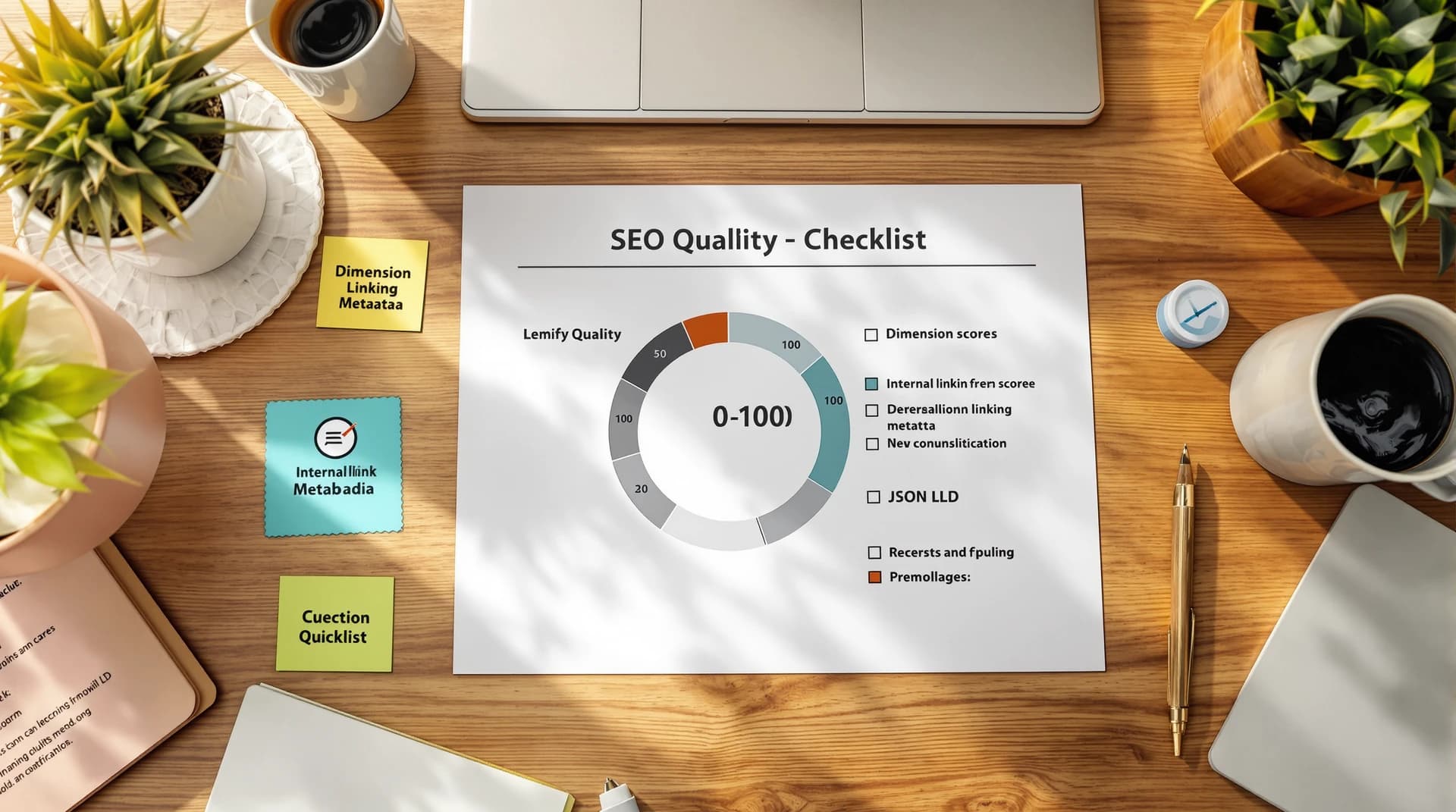 Top-down checklist with five SEO quality cards and a central 0–100 score dial, plus icons for linking, metadata i JSON-LD.