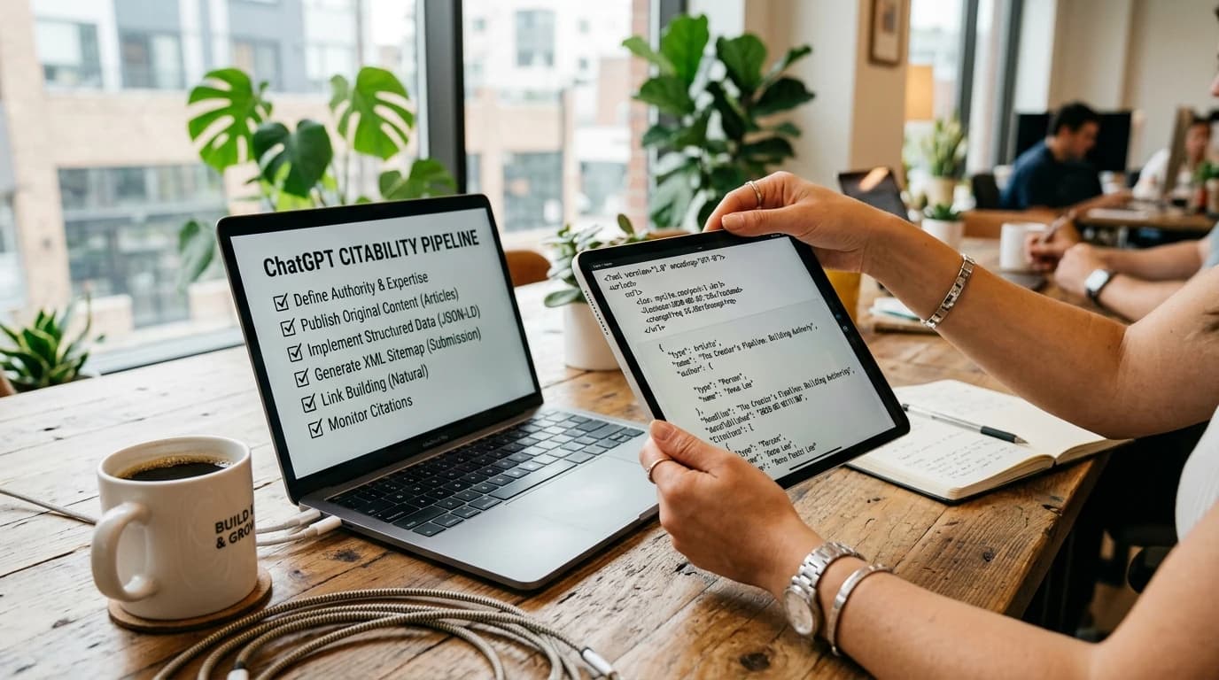 Hands working on a laptop and tablet with an XML sitemap and JSON-LD checklist for improving citability in AI responses.
