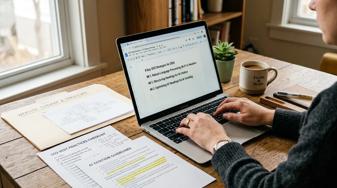 Dłonie nad laptopem z konspektem H2, obok checklisty SEO i folder sitemap, ujęcie pokazuje proces optymalizacji nagłówków pod AI.