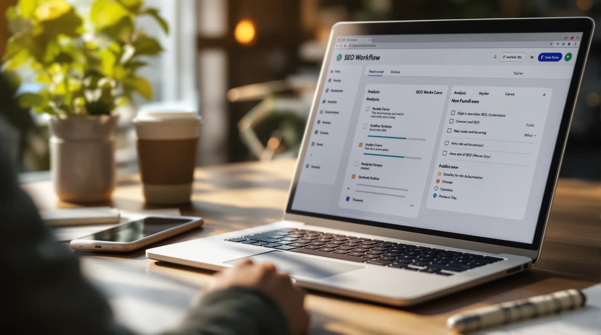 Nowoczesne biurko: laptop z nieczytelnym panelem workflow SEO, kartka z checklistą i notatnik, klimat automatyzacji jakości Lemify.pl.